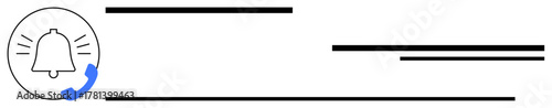 Bell with notification waves beside blue phone receiver and bold lines. Ideal for communication, alert, notification, support, reminder, urgency, connection. Simple flat metaphor