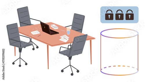 Office table with four empty chairs, laptop, papers, and glass. Nearby locked icons represent cybersecurity, and 3D database cylinder suggests data management. Ideal for technology, teamwork