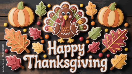 Delicious thanksgiving turkey and pumpkin decorated cookies with autumn leaves on dark wood background