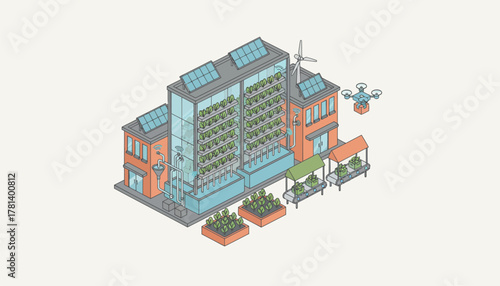 An urban farm equipped with hydroponic systems and IoT devices allowing efficient food production and sustainability within city limits.