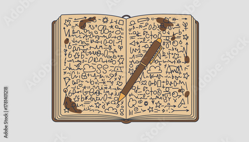 A closeup of a notebook filled with scribbled lyrics coffee stains and doodles with a pen resting atop its pages.