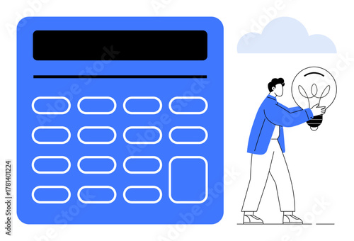 Giant calculator symbolizes analysis, while person holding light bulb suggests innovation. Ideal for financial planning, problem solving, budgeting, energy efficiency, creativity, innovation