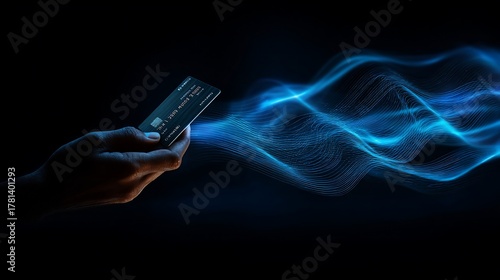 Hand holds credit card with flowing, luminous blue energy trails behind it