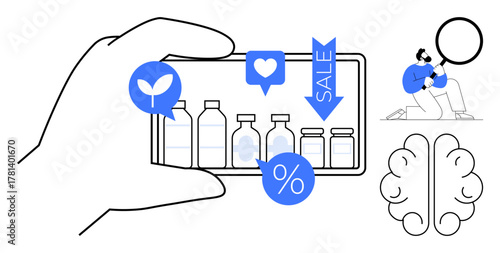 Hand holds smartphone displaying product bottles with discount, sale, and eco-friendly icons. Brain, user with magnifier emphasizes insight and smart choices. Ideal for e-commerce, sustainability
