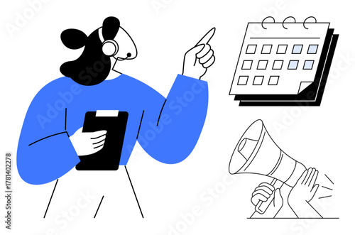 Person with a headset and clipboard gestures at a calendar, representing task coordination and planning. Loudspeaker symbolizes communication. Ideal for teamwork, planning, customer service