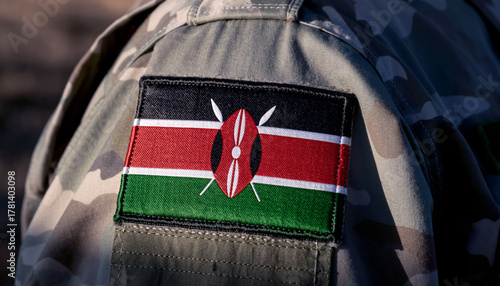 Kenya's flag emblem on military camouflage uniform represents patriotism, honor and courage, symbol of national identity, ideal for patriotic themes.