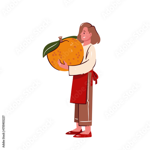 Smiling female chef in red apron holding huge orange fruit symbolizing organic farming, vitamin nutrition, healthy eating and vegan lifestyle, simple flat cartoon character vector illustration.