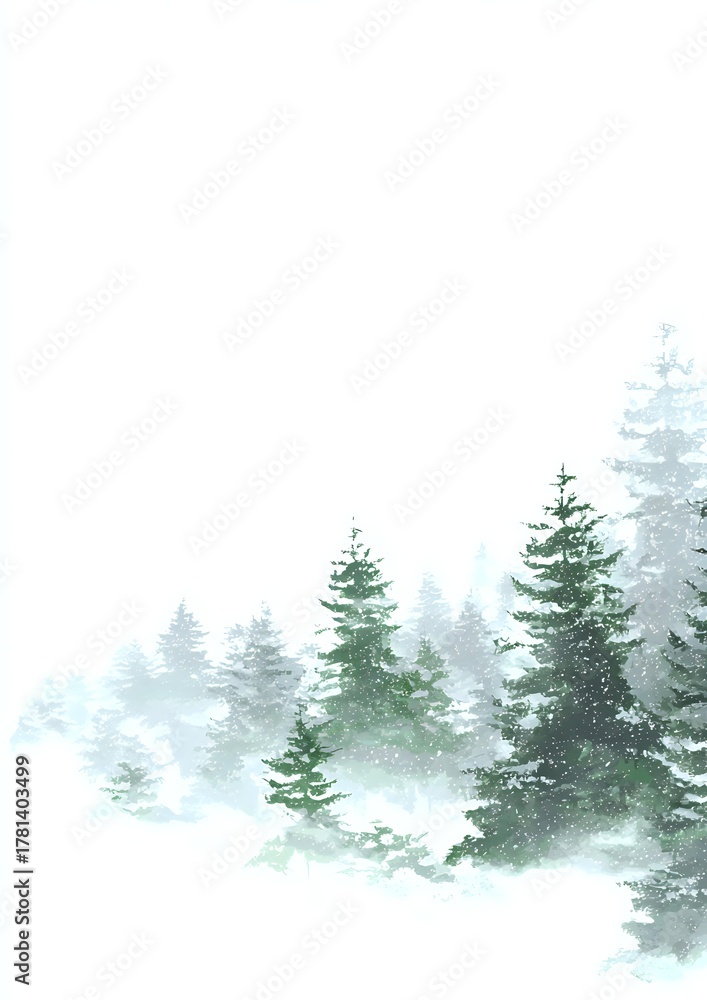 Fototapeta premium Misty winter forest with evergreen pine trees in fog and snow, creating serene atmospheric landscape for seasonal designs.
