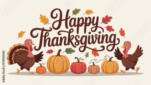 Happy thanksgiving greeting with cute turkeys and pumpkins surrounded by autumn leaves