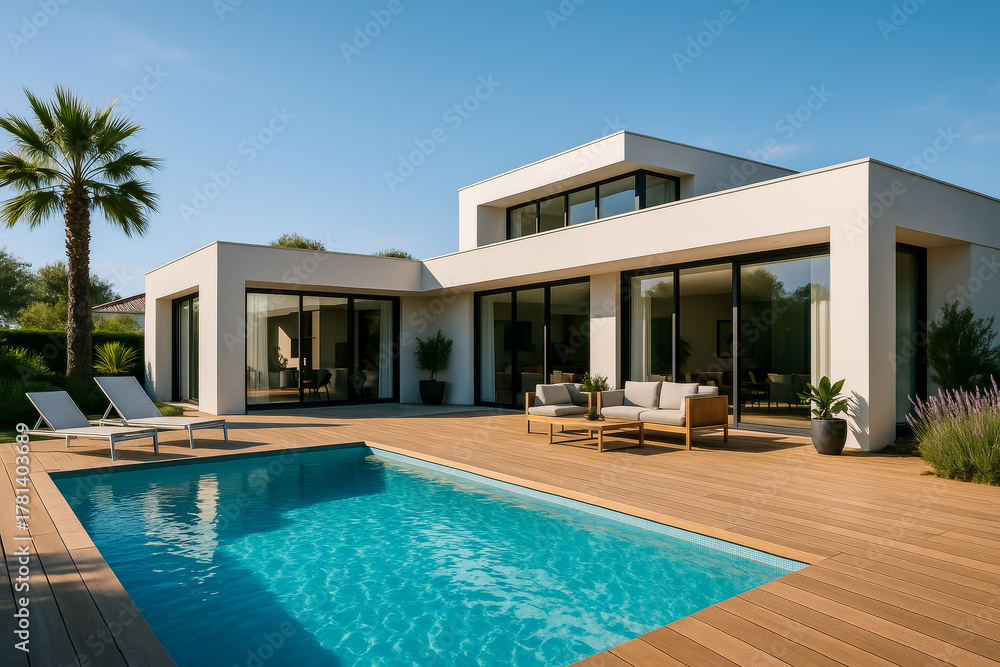 Fototapeta premium Modern house with pool and patio under clear blue sky