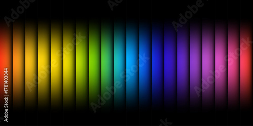Abstract banner with gradient bars on black background. Black shadow covers vibrant vertical bars that smoothly transition across the color spectrum. Perfect for design, digital art or modern graphics