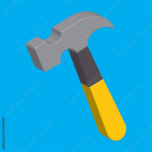 3D colorful hammer isolated on a blue background, 3D hammer for web, app, logo or UI design, tool for industrial workers, equipment for repair and reconstruction, vector illustration, EPS 10.