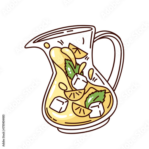 Glass pitcher with lemonade, mint leaves, lemon slices, and ice cubes. Fun groovy cartoon style summer drink for cafe branding, recipe design, or refreshing projects, vector illustration.