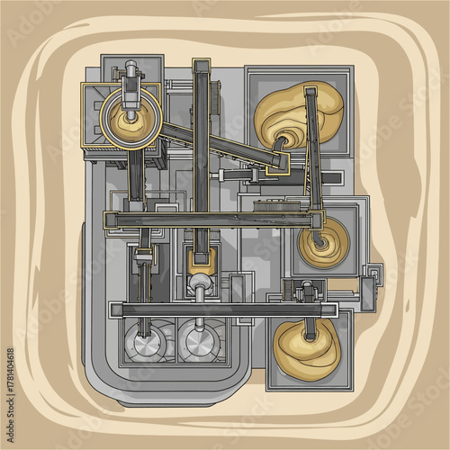 Top-down view of an intricate mechanical contraption with gears, levers, and pistons, possibly a historical machine.