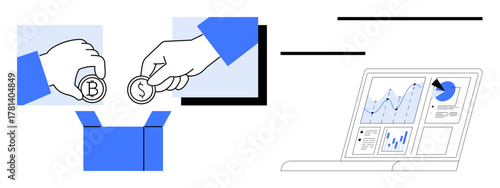 Hands place coins labeled B and S into a box while a laptop displays an analytics dashboard. Ideal for finance, investment, savings, strategy, digital business, budgeting, data visualization. A