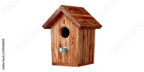 Realistic photo of a vintage wooden birdhouse, beautifully captured from the best angle against a clean white background.