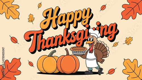 Happy thanksgiving cartoon turkey holding a pie with pumpkins and autumn leaves on a beige background