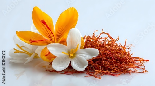 Fototapeta Naklejka Na Ścianę i Meble -  Aromatic saffron threads with yellow crocus and white jasmine flowers on white background, used in culinary photography and spice illustrations.
