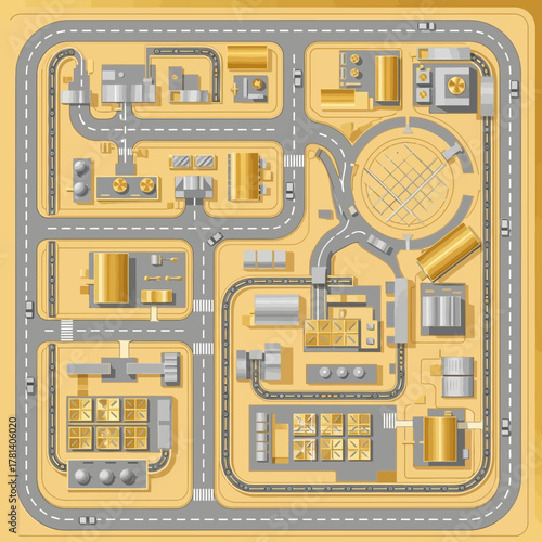 Overhead view of an industrial complex with roads, buildings, and processing units.