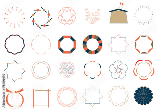 アイコン, お正月、新年、和風, 和柄, 絵馬, フレーム, イラスト, シンボル, ベクター, デザイン, ビジネス, コレクション, シルエット, ボタン, 枠, 飾り, タイトル, 見出し, 梅, 線画, おしゃれ, 水引き, リボン, 花, セット, シンプル、１月、元旦