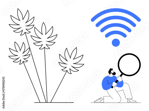 Researcher with magnifying glass examining plants, blue wireless signal icon above. Ideal for science, sustainability, analytics, innovation, environment, agriculture technology. Minimalist flat