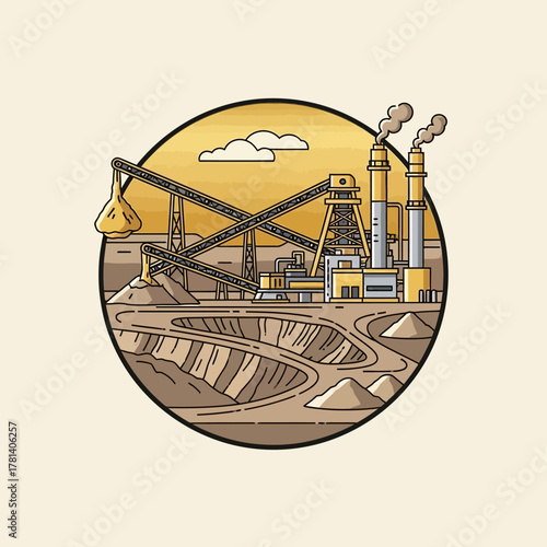 Circular illustration of an open-pit mine with a factory, conveyor belts, and smokestacks.