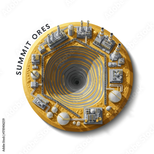 An overhead view of a circular open-pit mine surrounded by industrial buildings and equipment, representing Summit Ores.