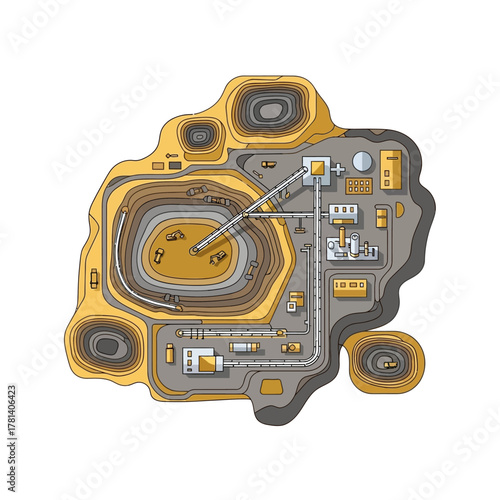 Illustration of an open-pit mine with processing facilities and tailings ponds.