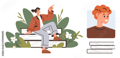 Woman seated on books surrounded by plants, gesturing upward. Adjacent portrait over books. Ideal for education, knowledge, personal growth, aspiration, learning creativity self-development. Simple