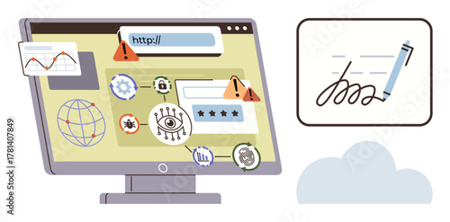 Monitor with login form, warning signs, and security icons symbolizing cyber threats, data breaches, and online protection. Ideal for internet safety, encryption, identity theft, digital access user