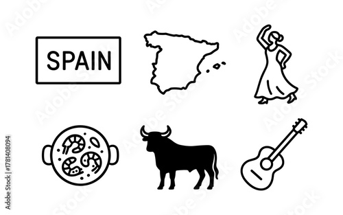 Spain icons set: map, bull, flamenco, paella, guitar, dance