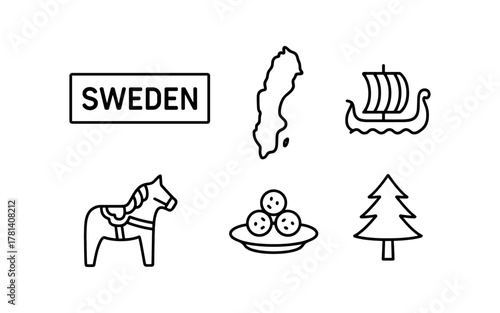 Sweden icons: nordic symbols including viking ship and traditional cuisine