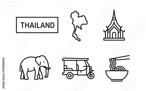 Thailand icons: map, elephant, tuk tuk, noodles, temple in line style
