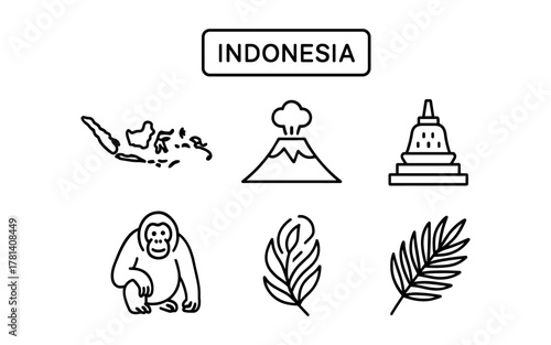 Minimalist outline icons of indonesia's landmarks, nature, and wildlife