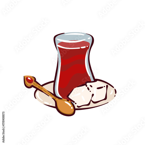 Traditional Turkish tea glass filled with hot black tea, served with sugar cubes and ornate golden spoon, representing Turkish hospitality and culture, vector illustration.