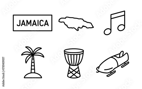 Jamaica symbols: palm tree, drum, island map, music note, bobsled icons