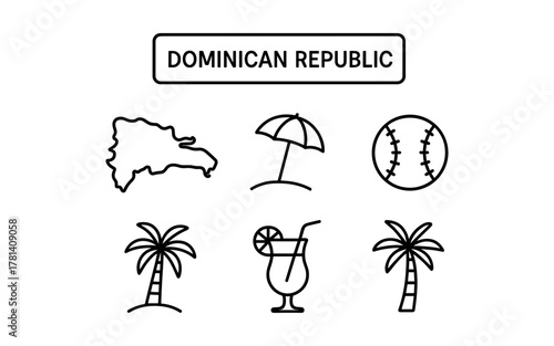 Dominican republic icons: map, beach, baseball, palm trees, cocktail in linear style