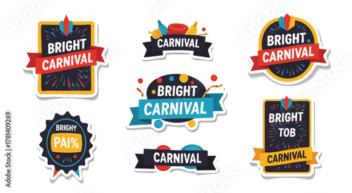 A collection of carnival themed stickers with bright colors on a black background layout design