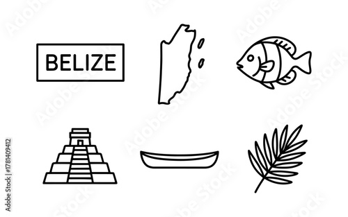 Belize icons: map, fish, mayan pyramid, canoe, palm leaf, linear style design