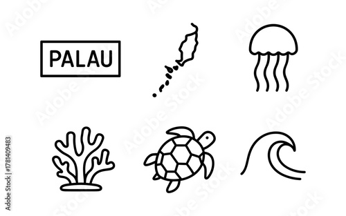 Linear icon set of palau with map, sea turtle, jellyfish, waves, and coral