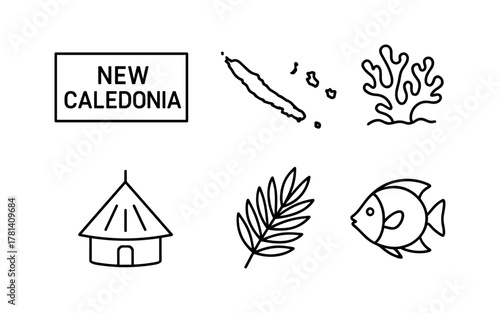New caledonia outline symbols: map, coral, hut, leaf, fish in minimal style