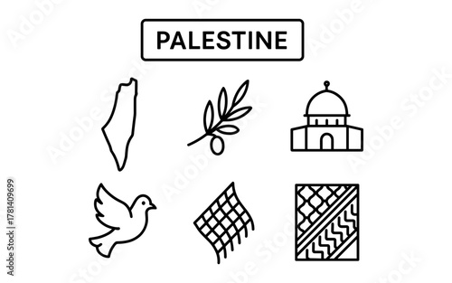 Palestine symbols: map, olive branch, dome, dove, pattern, traditional icon set