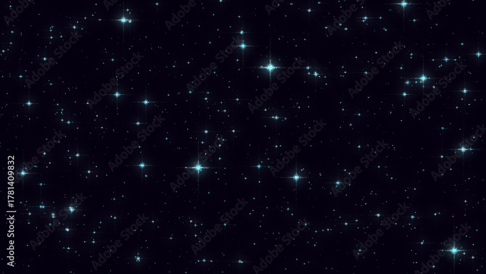 Fototapeta premium Many small, bright teal stars twinkle against a dark, deep space background.