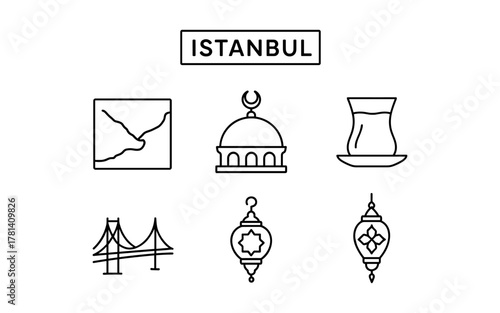 Minimalist line art icons of istanbul: bridge, mosque, tea, map, lantern