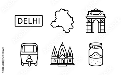 Icon set featuring delhi landmarks and culture in minimalist linear design