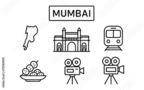 Mumbai icons: gateway, street food, film industry, railway, and map in linear style