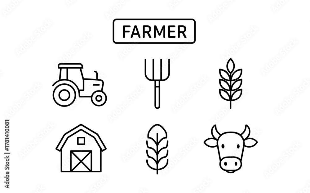 Fototapeta premium Farming icons collection featuring barn, tractor, livestock, and tools in linear style