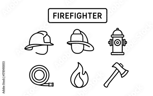 Firefighter essentials: minimalist icons of helmet, hydrant, hose, flame, and axe