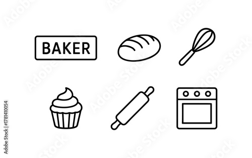 Baking essentials outline icons: bread, cupcake, whisk, oven, rolling pin