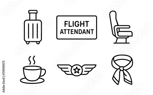Airline icons set: luggage, flight attendant, seat, coffee, wings, scarf